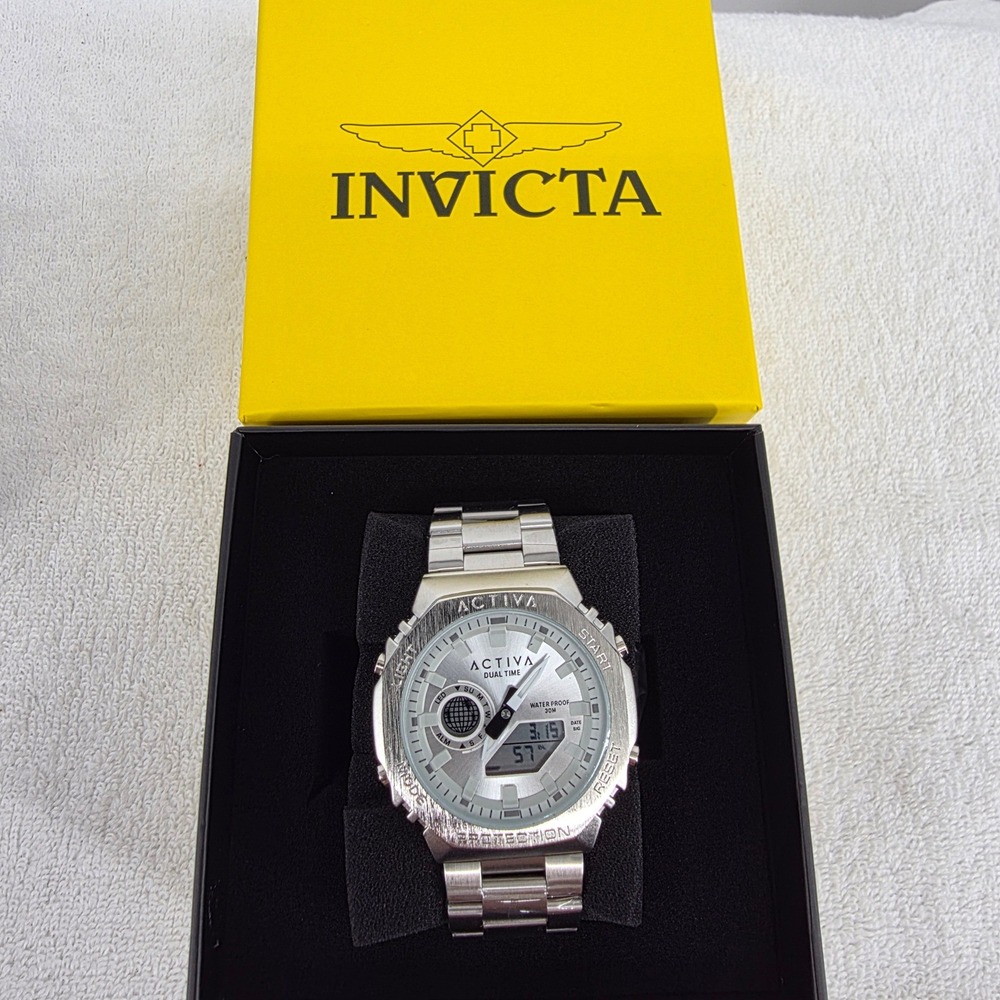 Invicta Activa Dual Time Mens Watch Silver Octagon Case Stainless Steel 40049